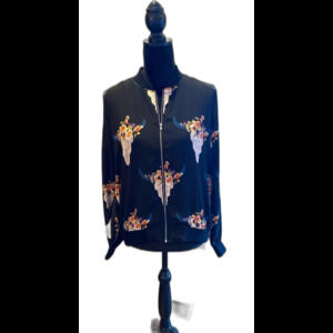 Fab’rik Bomber Jacket Size Medium Bison Head Floral Full Zip Front Lightweight